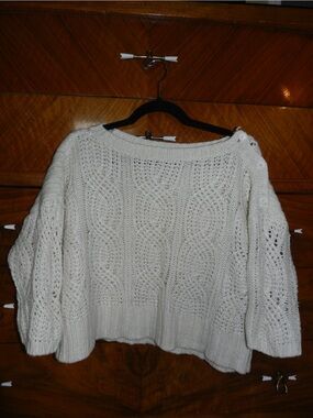 Ann Taylor Cream Cable-Knit Button-Shoulder Sweater